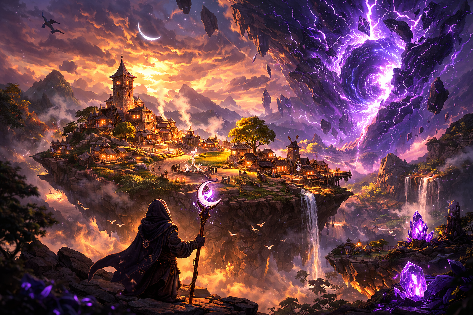 Veilkeeper concept art showing a floating settlement and a rift in the sky